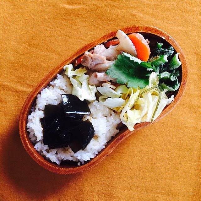 きょうのお弁当(3/21)豚とれんこんのきんぴら、小松菜の練りごまあえ、白菜の浅漬け。